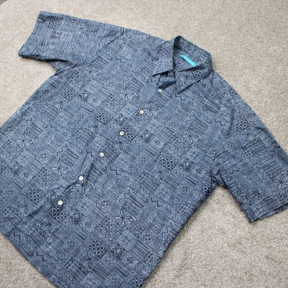 Tori Richard Shirt Men Large Blue Geometric 100% Cotton Lawn Short Sleeve Button - Picture 3 of 13